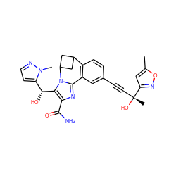 Cc1cc([C@](C)(O)C#Cc2ccc3c(c2)-c2nc(C(N)=O)c([C@H](O)c4ccnn4C)n2C2CC3C2)no1 ZINC000219465215