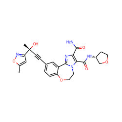 Cc1cc([C@](C)(O)C#Cc2ccc3c(c2)-c2nc(C(N)=O)c(C(=O)N[C@@H]4CCOC4)n2CCO3)no1 ZINC000219433077