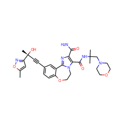 Cc1cc([C@](C)(O)C#Cc2ccc3c(c2)-c2nc(C(N)=O)c(C(=O)NC(C)(C)CN4CCOCC4)n2CCO3)no1 ZINC000215755906