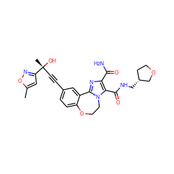 Cc1cc([C@](C)(O)C#Cc2ccc3c(c2)-c2nc(C(N)=O)c(C(=O)NC[C@@H]4CCOC4)n2CCO3)no1 ZINC000219416709