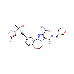 Cc1cc([C@](C)(O)C#Cc2ccc3c(c2)-c2nc(C(N)=O)c(C(=O)NC[C@H]4CCOC4)n2CCO3)no1 ZINC000219416781