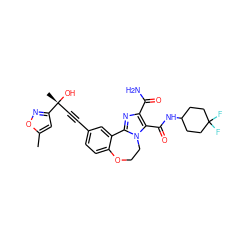 Cc1cc([C@](C)(O)C#Cc2ccc3c(c2)-c2nc(C(N)=O)c(C(=O)NC4CCC(F)(F)CC4)n2CCO3)no1 ZINC000215755838