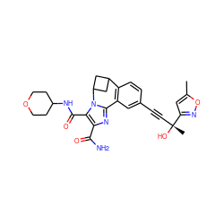 Cc1cc([C@](C)(O)C#Cc2ccc3c(c2)-c2nc(C(N)=O)c(C(=O)NC4CCOCC4)n2C2CC3C2)no1 ZINC000220009651