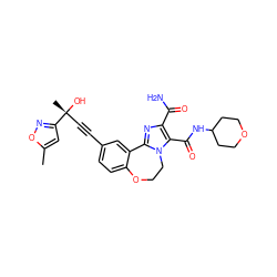 Cc1cc([C@](C)(O)C#Cc2ccc3c(c2)-c2nc(C(N)=O)c(C(=O)NC4CCOCC4)n2CCO3)no1 ZINC000215755481