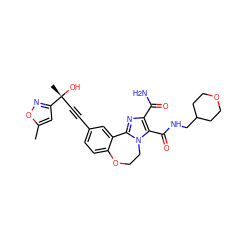 Cc1cc([C@](C)(O)C#Cc2ccc3c(c2)-c2nc(C(N)=O)c(C(=O)NCC4CCOCC4)n2CCO3)no1 ZINC000215755768