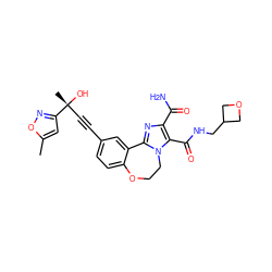 Cc1cc([C@](C)(O)C#Cc2ccc3c(c2)-c2nc(C(N)=O)c(C(=O)NCC4COC4)n2CCO3)no1 ZINC000215750442