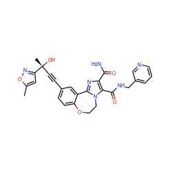 Cc1cc([C@](C)(O)C#Cc2ccc3c(c2)-c2nc(C(N)=O)c(C(=O)NCc4cccnc4)n2CCO3)no1 ZINC000215755696