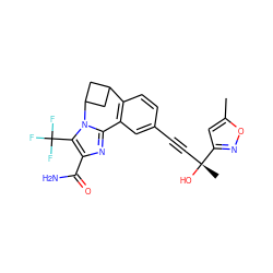 Cc1cc([C@](C)(O)C#Cc2ccc3c(c2)-c2nc(C(N)=O)c(C(F)(F)F)n2C2CC3C2)no1 ZINC000219444430