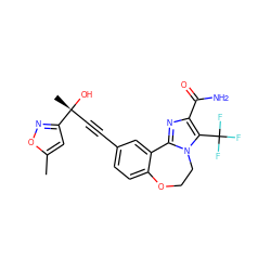 Cc1cc([C@](C)(O)C#Cc2ccc3c(c2)-c2nc(C(N)=O)c(C(F)(F)F)n2CCO3)no1 ZINC000215759469