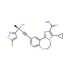 Cc1cc([C@](C)(O)C#Cc2ccc3c(c2)-c2nc(C(N)=O)c(C4CC4)n2CCO3)no1 ZINC000215775761