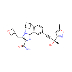 Cc1cc([C@](C)(O)C#Cc2ccc3c(c2)-c2nc(C(N)=O)c(CC4(C)COC4)n2C2CC3C2)no1 ZINC000215775321