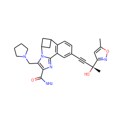 Cc1cc([C@](C)(O)C#Cc2ccc3c(c2)-c2nc(C(N)=O)c(CN4CCCC4)n2C2CC3C2)no1 ZINC000219440348