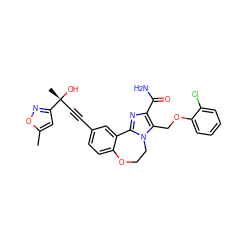 Cc1cc([C@](C)(O)C#Cc2ccc3c(c2)-c2nc(C(N)=O)c(COc4ccccc4Cl)n2CCO3)no1 ZINC000215755149