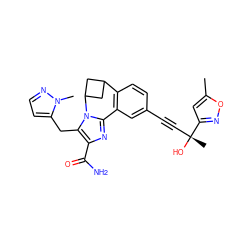 Cc1cc([C@](C)(O)C#Cc2ccc3c(c2)-c2nc(C(N)=O)c(Cc4ccnn4C)n2C2CC3C2)no1 ZINC000219492675