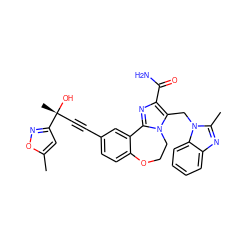 Cc1cc([C@](C)(O)C#Cc2ccc3c(c2)-c2nc(C(N)=O)c(Cn4c(C)nc5ccccc54)n2CCO3)no1 ZINC000215754870