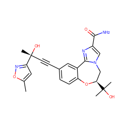 Cc1cc([C@](C)(O)C#Cc2ccc3c(c2)-c2nc(C(N)=O)cn2C[C@@H](C(C)(C)O)O3)no1 ZINC000219427448