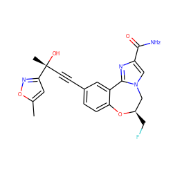 Cc1cc([C@](C)(O)C#Cc2ccc3c(c2)-c2nc(C(N)=O)cn2C[C@@H](CF)O3)no1 ZINC000219516362