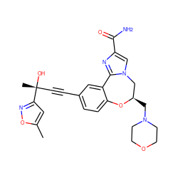 Cc1cc([C@](C)(O)C#Cc2ccc3c(c2)-c2nc(C(N)=O)cn2C[C@@H](CN2CCOCC2)O3)no1 ZINC000219450778