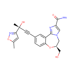 Cc1cc([C@](C)(O)C#Cc2ccc3c(c2)-c2nc(C(N)=O)cn2C[C@@H](CO)O3)no1 ZINC000219452353