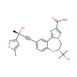 Cc1cc([C@](C)(O)C#Cc2ccc3c(c2)-c2nc(C(N)=O)cn2C[C@H](C(C)(C)O)O3)no1 ZINC000219427365