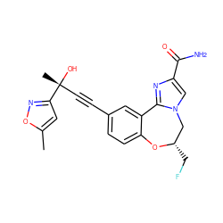 Cc1cc([C@](C)(O)C#Cc2ccc3c(c2)-c2nc(C(N)=O)cn2C[C@H](CF)O3)no1 ZINC000219494671