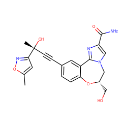 Cc1cc([C@](C)(O)C#Cc2ccc3c(c2)-c2nc(C(N)=O)cn2C[C@H](CO)O3)no1 ZINC000219431744