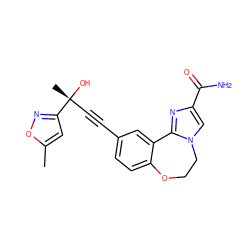 Cc1cc([C@](C)(O)C#Cc2ccc3c(c2)-c2nc(C(N)=O)cn2CCO3)no1 ZINC000215743391