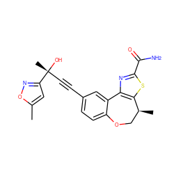 Cc1cc([C@](C)(O)C#Cc2ccc3c(c2)-c2nc(C(N)=O)sc2[C@@H](C)CO3)no1 ZINC000219513720