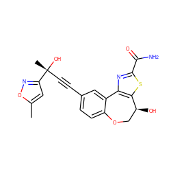 Cc1cc([C@](C)(O)C#Cc2ccc3c(c2)-c2nc(C(N)=O)sc2[C@@H](O)CO3)no1 ZINC000219518887