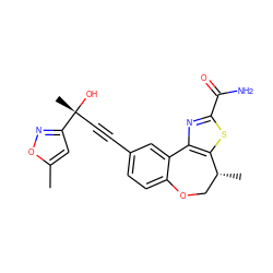 Cc1cc([C@](C)(O)C#Cc2ccc3c(c2)-c2nc(C(N)=O)sc2[C@H](C)CO3)no1 ZINC000219472282