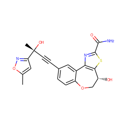 Cc1cc([C@](C)(O)C#Cc2ccc3c(c2)-c2nc(C(N)=O)sc2[C@H](O)CO3)no1 ZINC000219479527