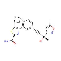 Cc1cc([C@](C)(O)C#Cc2ccc3c(c2)-c2nc(C(N)=O)sc2C2CC3C2)no1 ZINC000215756587