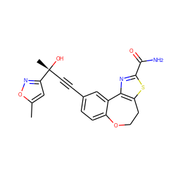 Cc1cc([C@](C)(O)C#Cc2ccc3c(c2)-c2nc(C(N)=O)sc2CCO3)no1 ZINC000205787275