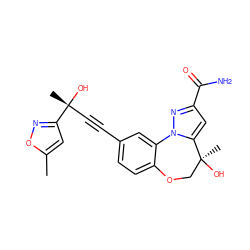 Cc1cc([C@](C)(O)C#Cc2ccc3c(c2)-n2nc(C(N)=O)cc2[C@@](C)(O)CO3)no1 ZINC000219489878