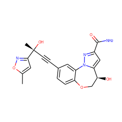 Cc1cc([C@](C)(O)C#Cc2ccc3c(c2)-n2nc(C(N)=O)cc2[C@@H](O)CO3)no1 ZINC000219418400