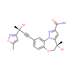 Cc1cc([C@](C)(O)C#Cc2ccc3c(c2)-n2nc(C(N)=O)cc2[C@](C)(O)CO3)no1 ZINC000219489963