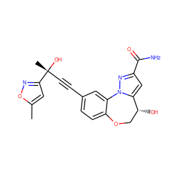 Cc1cc([C@](C)(O)C#Cc2ccc3c(c2)-n2nc(C(N)=O)cc2[C@H](O)CO3)no1 ZINC000219469126