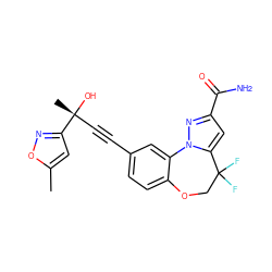 Cc1cc([C@](C)(O)C#Cc2ccc3c(c2)-n2nc(C(N)=O)cc2C(F)(F)CO3)no1 ZINC000215774636