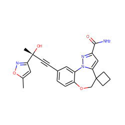 Cc1cc([C@](C)(O)C#Cc2ccc3c(c2)-n2nc(C(N)=O)cc2C2(CCC2)CO3)no1 ZINC000220011026