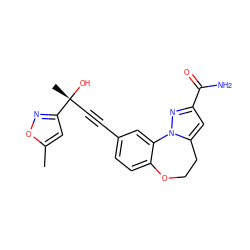 Cc1cc([C@](C)(O)C#Cc2ccc3c(c2)-n2nc(C(N)=O)cc2CCO3)no1 ZINC000215774777