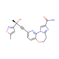 Cc1cc([C@](C)(O)C#Cc2ccc3c(n2)-n2cc(C(N)=O)nc2CCO3)no1 ZINC000215746887