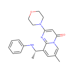 Cc1cc([C@H](C)Nc2ccccc2)c2nc(N3CCOCC3)cc(=O)n2c1 ZINC000019862654