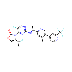 Cc1cc([C@H](C)Nc2ncc(F)c(N3C(=O)OC[C@@H]3[C@H](C)F)n2)ncc1-c1ccnc(C(F)(F)F)c1 ZINC000226138570