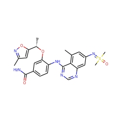 Cc1cc([C@H](C)Oc2cc(C(N)=O)ccc2Nc2ncnc3cc(N=S(C)(C)=O)cc(C)c23)on1 ZINC001772588448