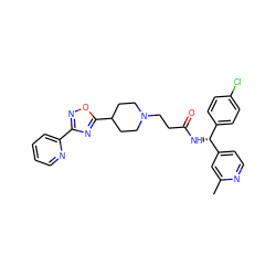 Cc1cc([C@H](NC(=O)CCN2CCC(c3nc(-c4ccccn4)no3)CC2)c2ccc(Cl)cc2)ccn1 ZINC000073222709