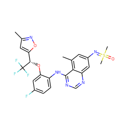 Cc1cc([C@H](Oc2cc(F)ccc2Nc2ncnc3cc(N=S(C)(C)=O)cc(C)c23)C(F)(F)F)on1 ZINC001772646993