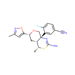 Cc1cc([C@H]2C[C@H]3[C@@H](C)SC(N)=N[C@@]3(c3cc(C#N)ccc3F)CO2)on1 ZINC000148302904