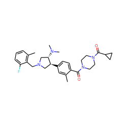 Cc1cc([C@H]2CN(Cc3c(C)cccc3F)C[C@@H]2N(C)C)ccc1C(=O)N1CCN(C(=O)C2CC2)CC1 ZINC001772573460