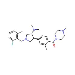 Cc1cc([C@H]2CN(Cc3c(C)cccc3F)C[C@@H]2N(C)C)ccc1C(=O)N1CCN(C)CC1 ZINC001772650552