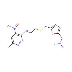 Cc1cc([N+](=O)[O-])c(NCCSCc2ccc(CN(C)C)o2)nn1 ZINC001772580785